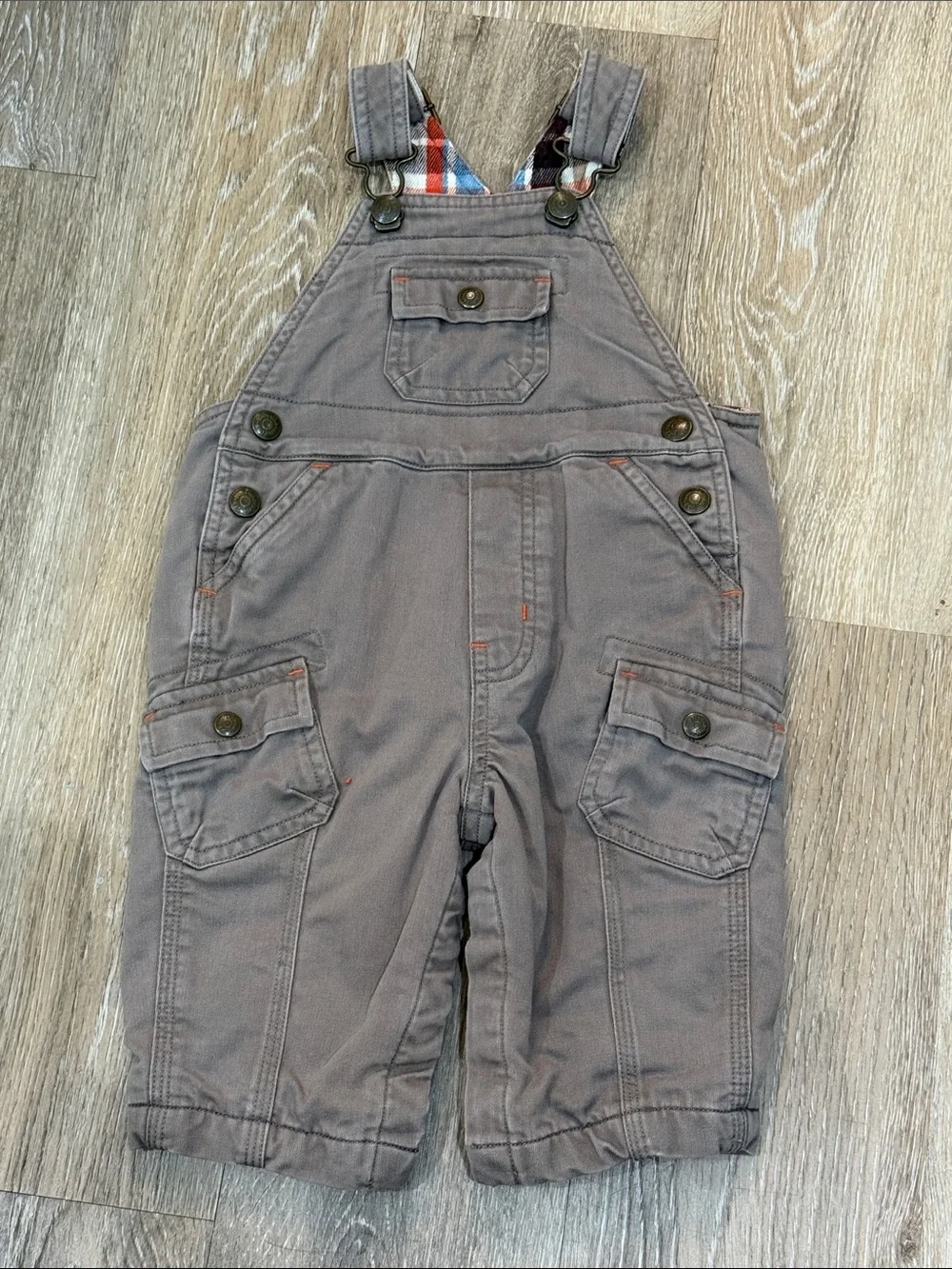 Vintage babyGap Baby Boy Fully Lined Plaid Overalls Beige Brown 6-12 Months